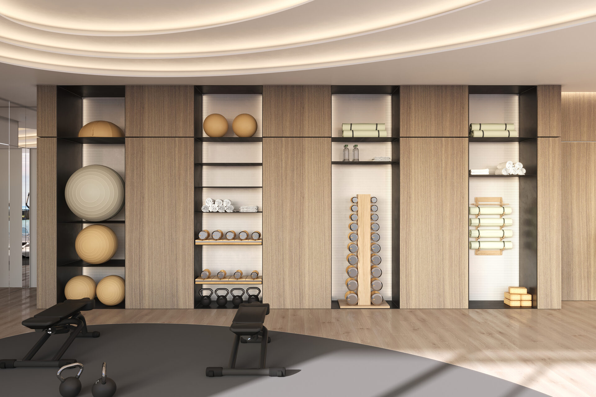 Pagani Residences developer rendering: Fitness room equipment and storage