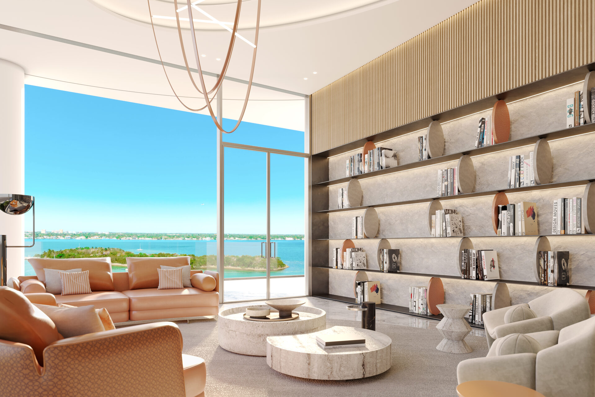 Pagani Residences developer rendering: Library shelving and waterfront seating
