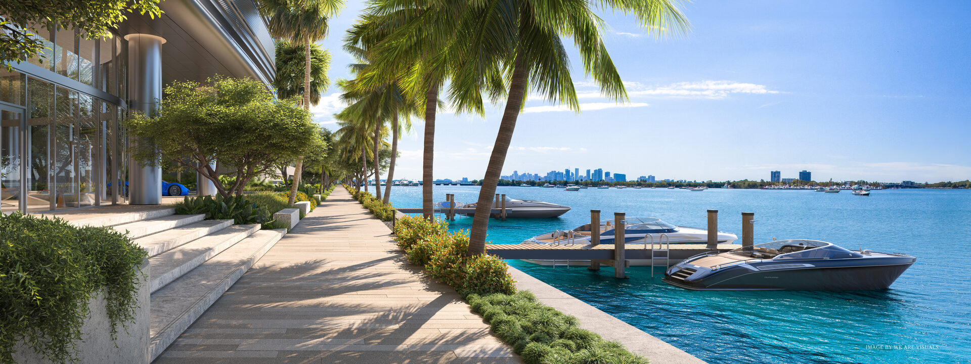 Developer rendering of the boardwalk and marina at Pagani Residences