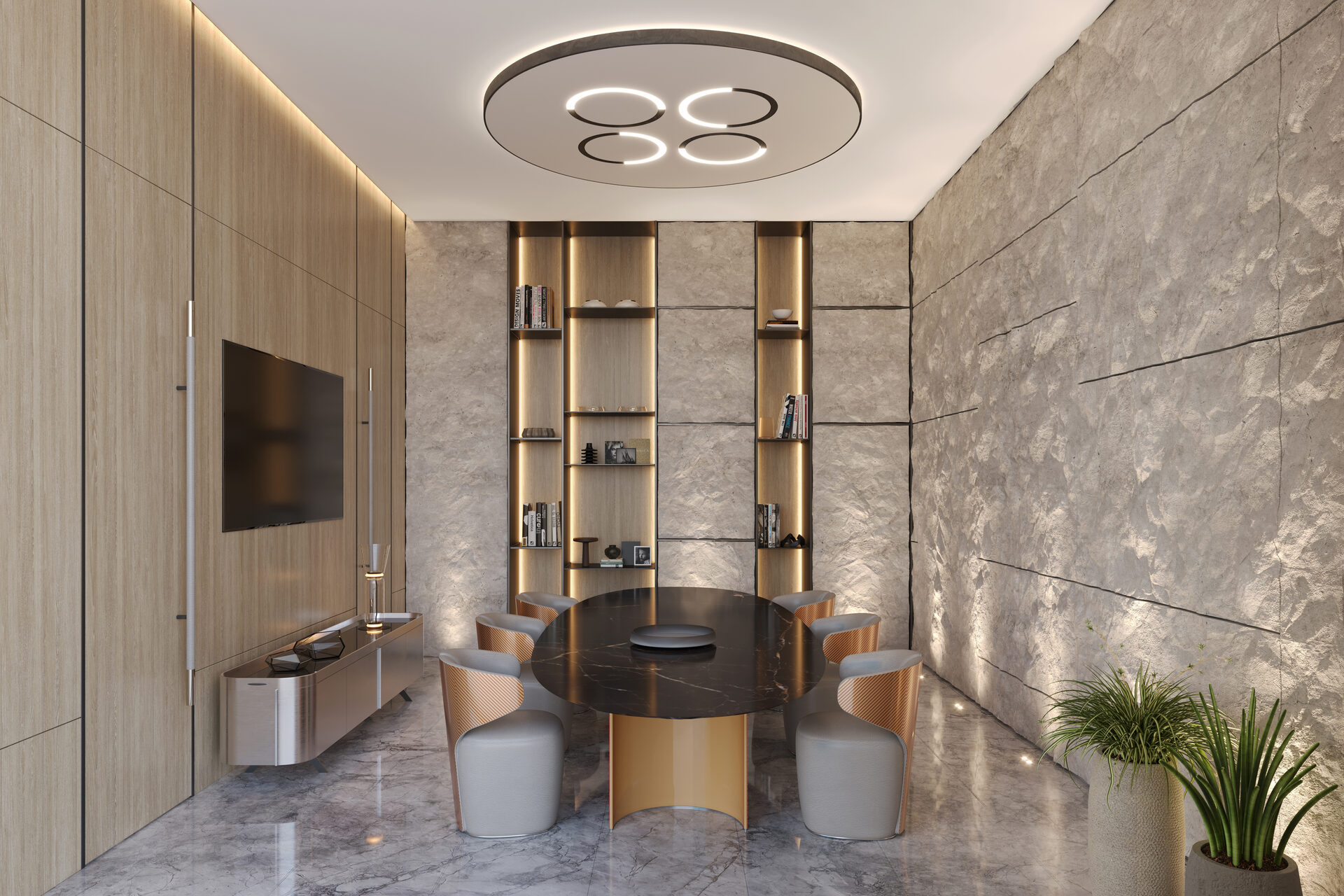Pagani Residences developer rendering: Shared interior with reception and sculptural ceiling
