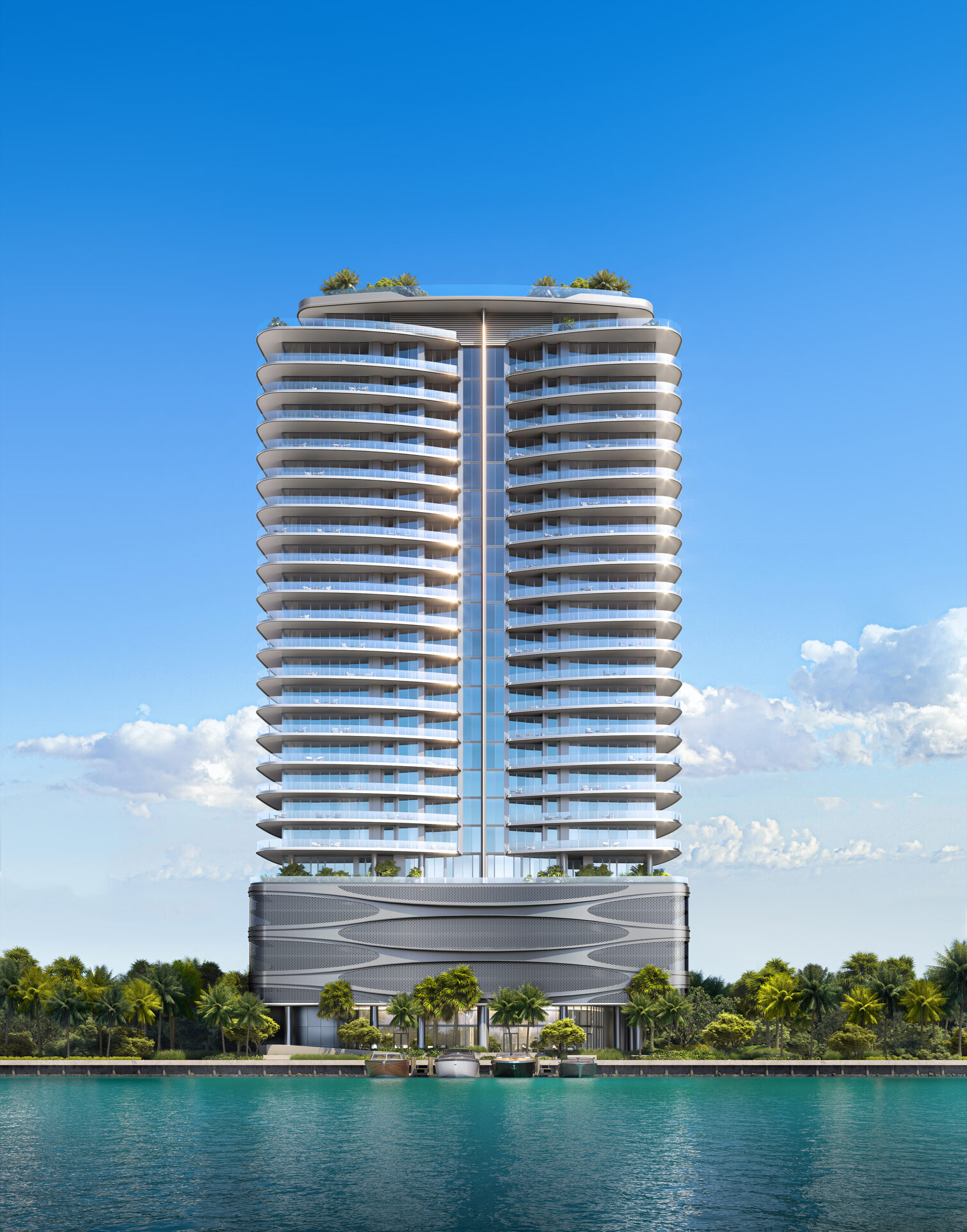 Pagani Residences developer rendering: Waterfront tower and curved balconies in daylight