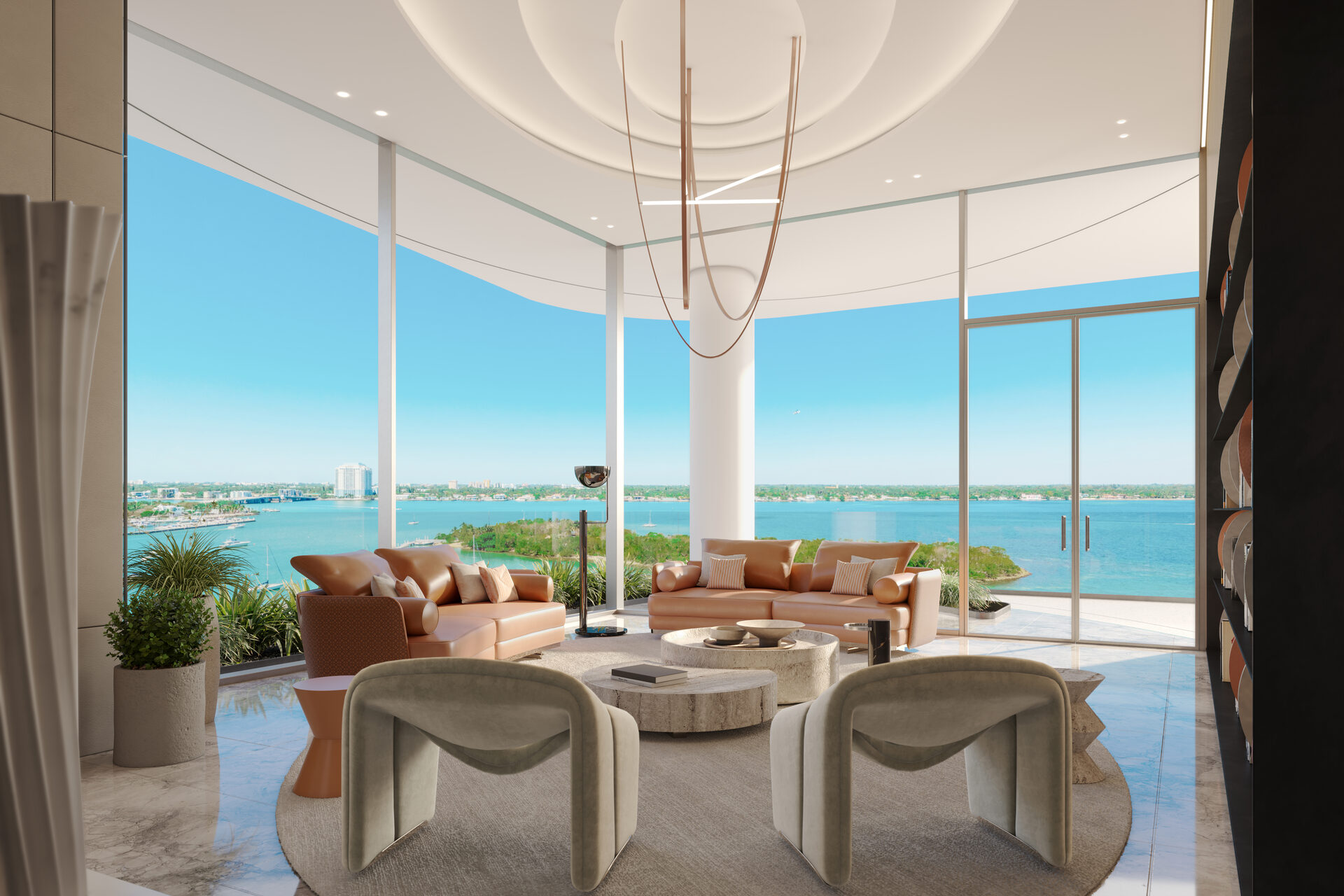 Pagani Residences developer rendering: Library seating beside full-height glazing