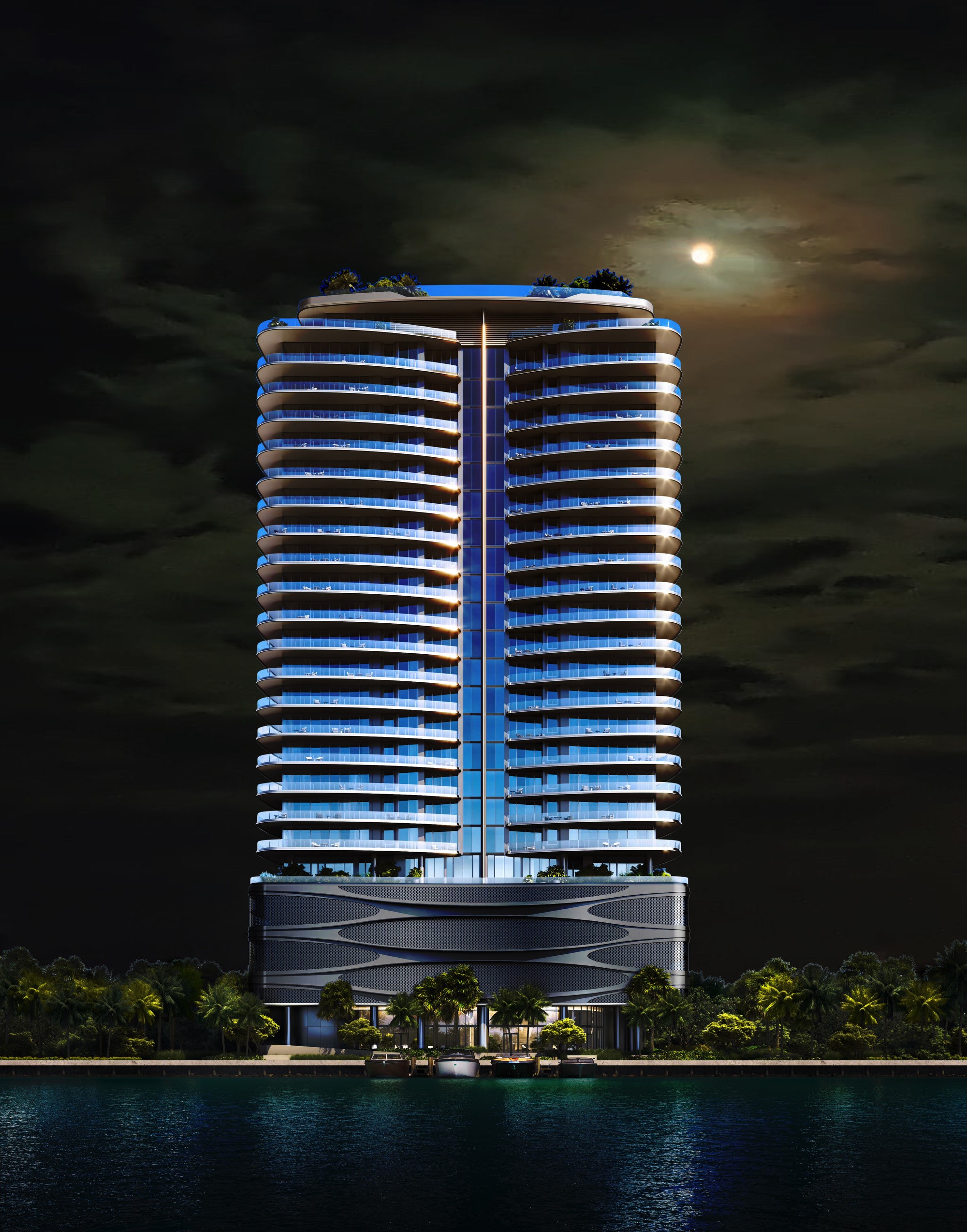 Pagani Residences developer rendering: Tower facade at night