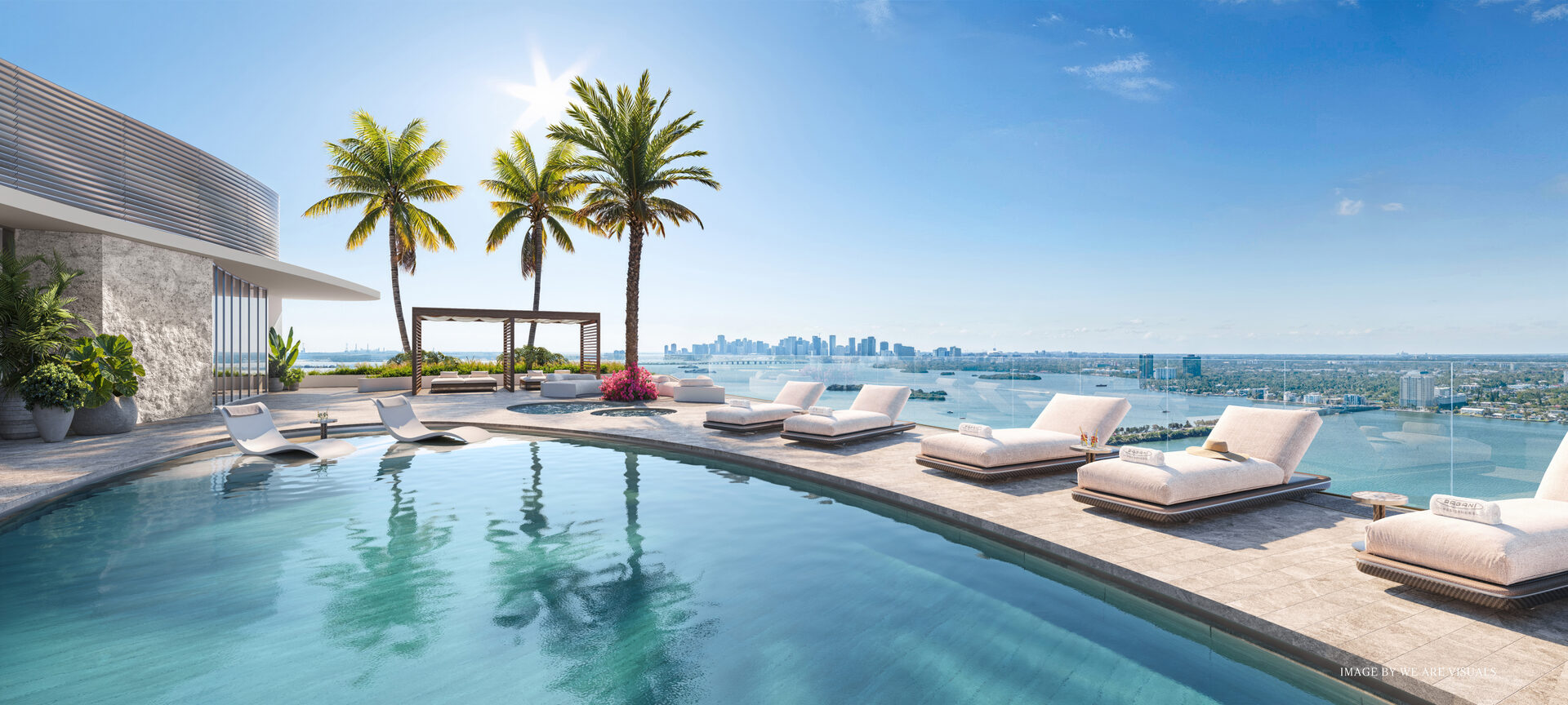 Pagani Residences developer rendering: Rooftop pool and poolside seating