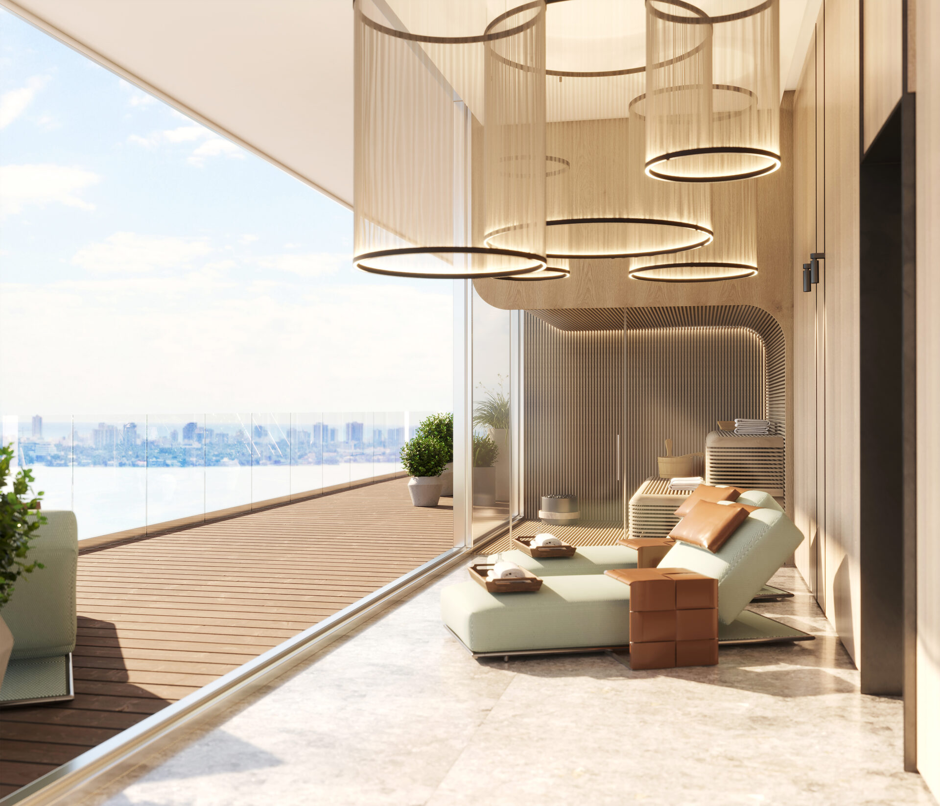 Pagani Residences developer rendering: Spa seating beside waterfront glazing